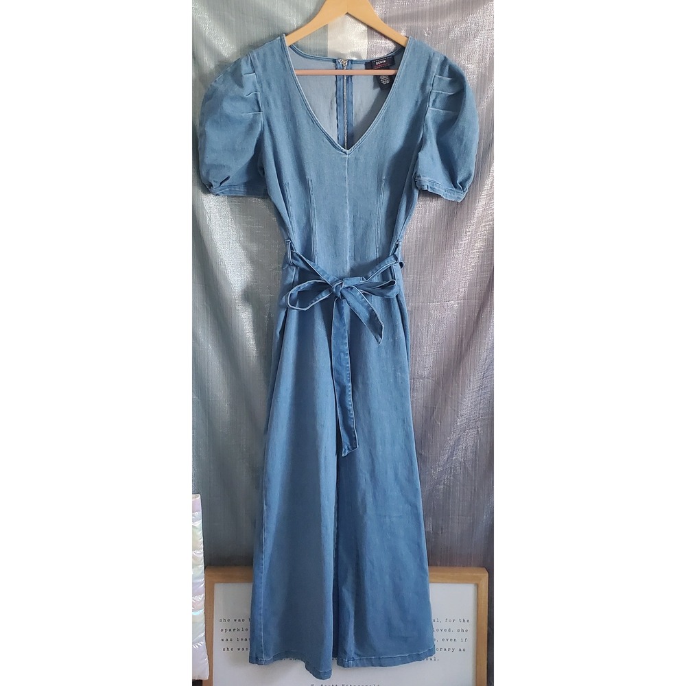 Flying‎ Tomato Denim Puff Sleeve Wide Leg Jumpsuit Tie Waist M 70s Retro Boho